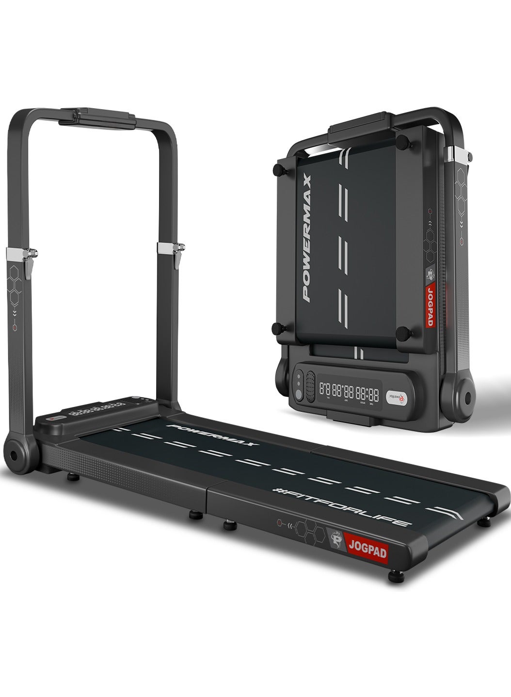 PowerMax Fitness JOGPAD (4HP Peak) Motorized Foldable Treadmill for Home Use with Handle, Remote Control, Max User 120kg, Top Speed 12kmph, Running Deck 1080mmx400mm, Bluetooth, Speaker, mobile holder