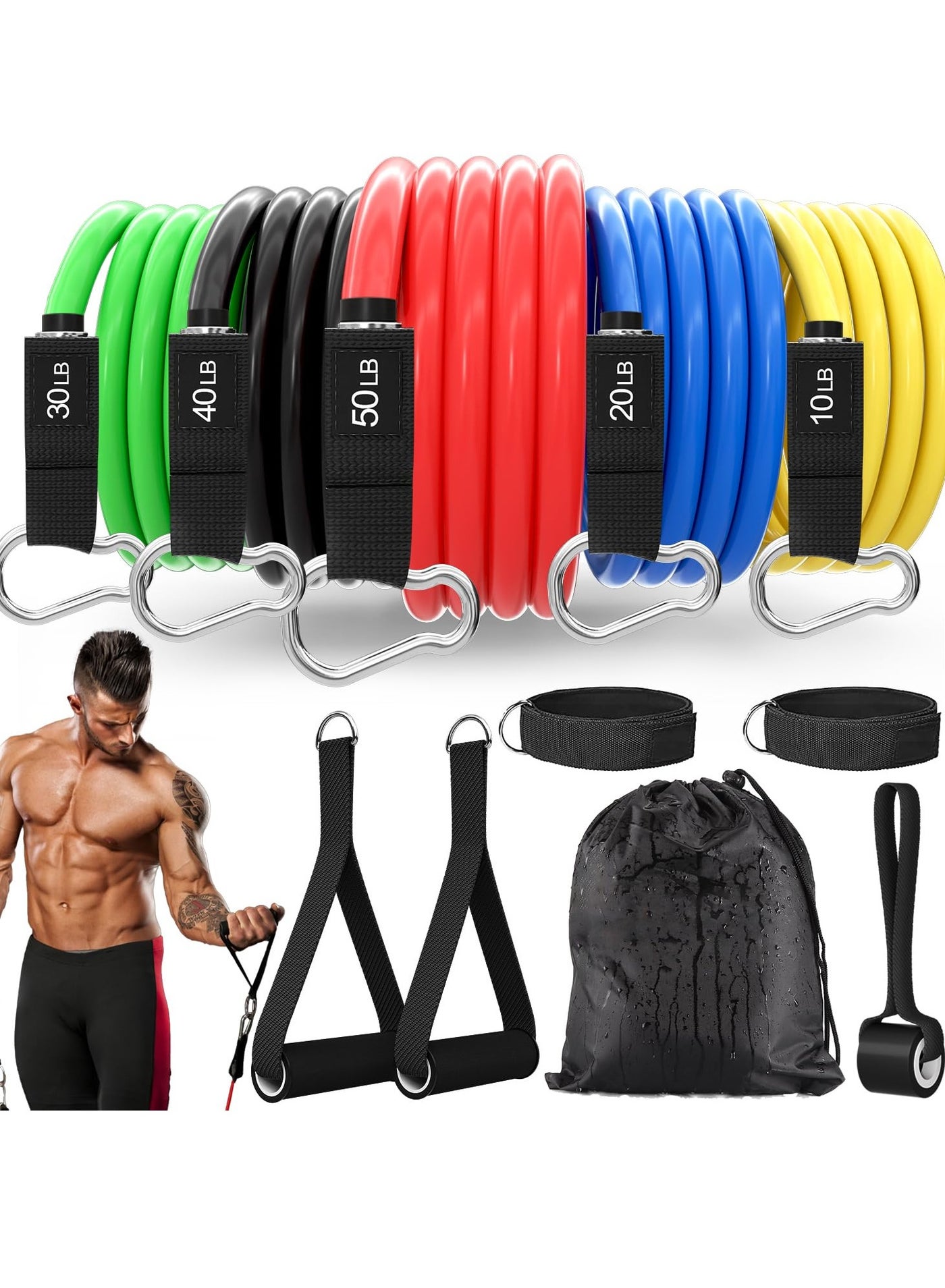 Resistance Bands Set (11pcs), Workout Bands with Handles, Door Anchor, Ankle Straps and Carry Bag, Exercise Bands for Shape Body and Home Workouts