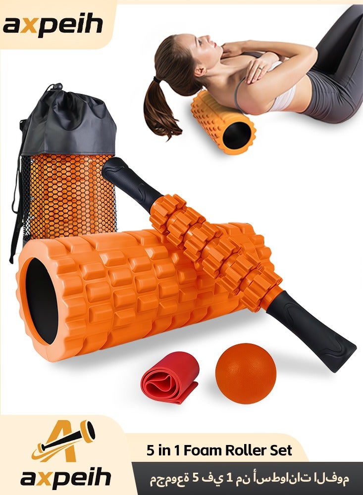 5 in 1 Foam Roller Set, Trigger Point Foam Roller, Massage Roller Stick, Massage Ball, Resistance Band for Deep Muscle Massage Pilates Yoga,Fitness Exercise for Whole Body Orange