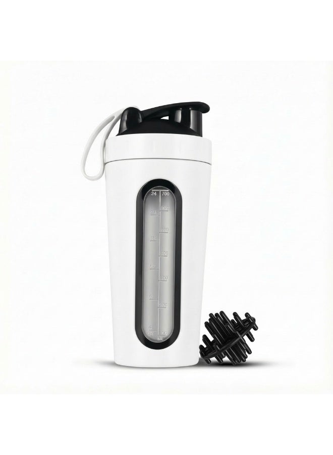 White Stainless Steel Protein Shaker Bottle 700ml – Leak-Proof Gym Shaker with Mixing Ball & Measurement Window – 304 Stainless Steel