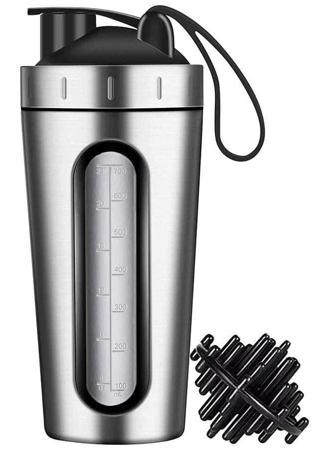 Protein Shaker Bottle, Protein Shaker Cup with shaker ball, Visible Window, Stainless Steel Shaker Bottle Leak Proof (silver)