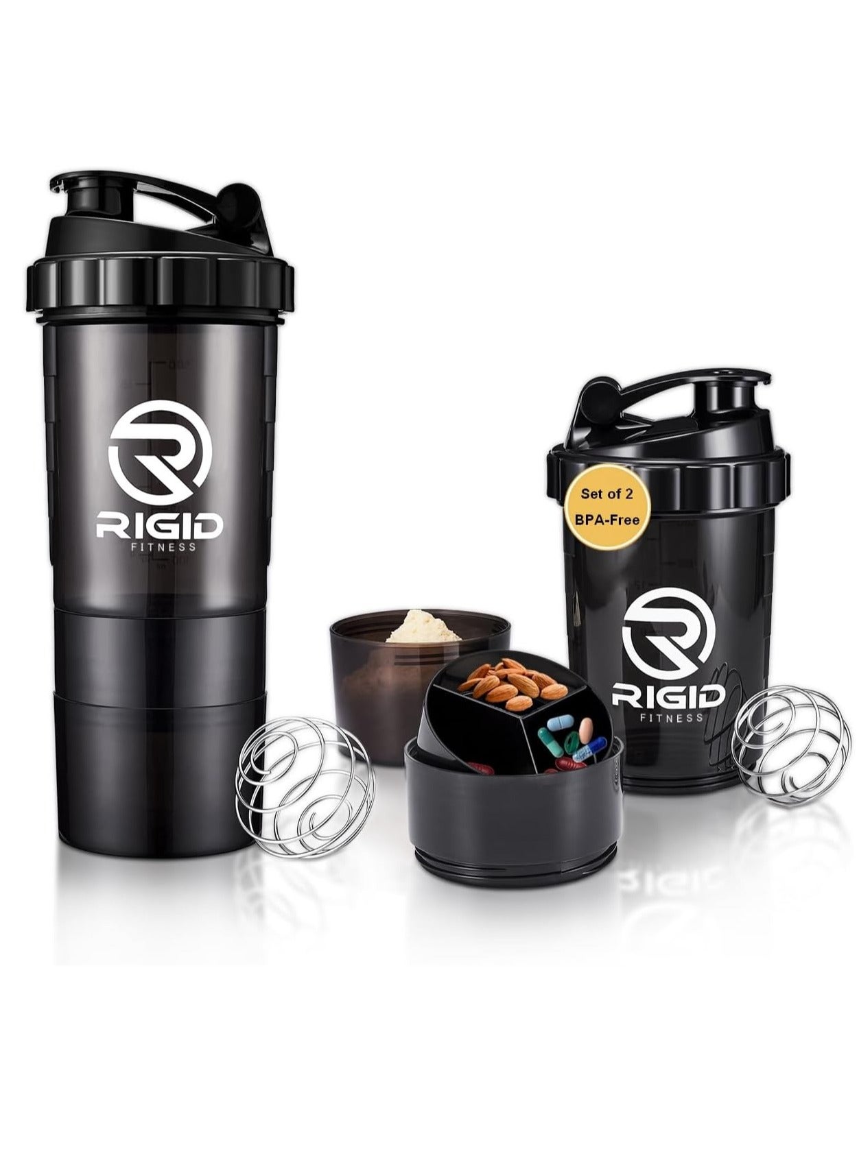 Protein Shakers (2-Pack of 500ml) - Leak-Proof Shaker with Compartments for Powder & Pill Storage - Transparent Cup & Healthy BPA Free Bottle - Ideal for Hydration (Black/Transparent)