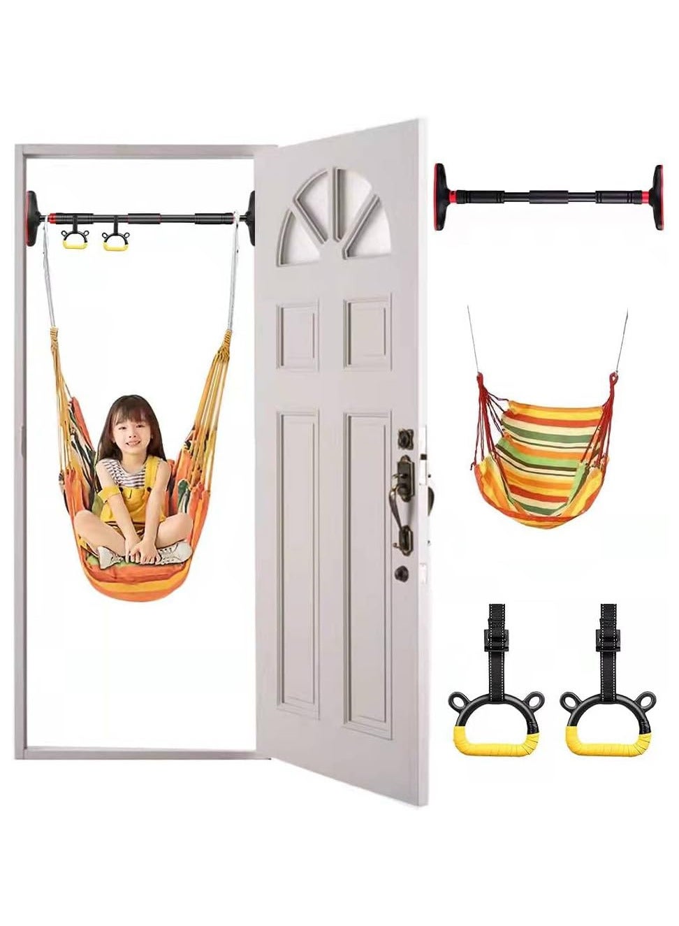 Indoor Doorway Gym Set for Kids - Indoor Swing for Kids Includes Kids Swing Chair, Hanging Trapeze, Swinging Rope & Pullup Bar - Sensory Swing Set Accessory Playground (Yellow)