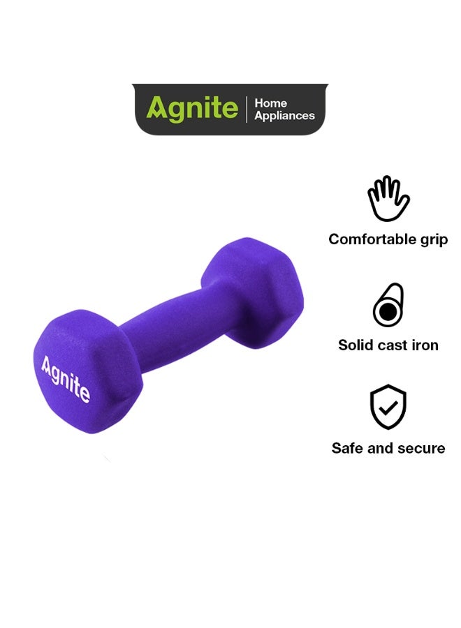 Agnite ER081 Neoprene Dumbbell Single 1Kg 1 piece, Solid Cast Iron Hand Weights With Non-Slip Grip, Hexagonal Design For Home Workouts, Strength Training & Fitness, Purple Color.