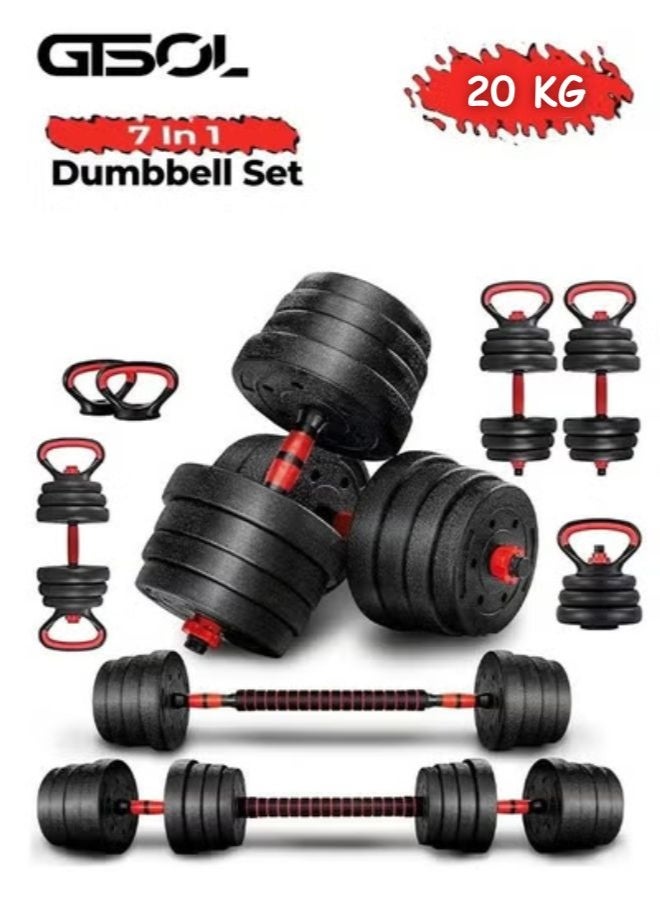 7-in-1 Adjustable Dumbbell Set 20kg | Convertible Barbell Kettlebell Push Up Fitness Kit | Home Gym Free Weight Strength Training Equipment