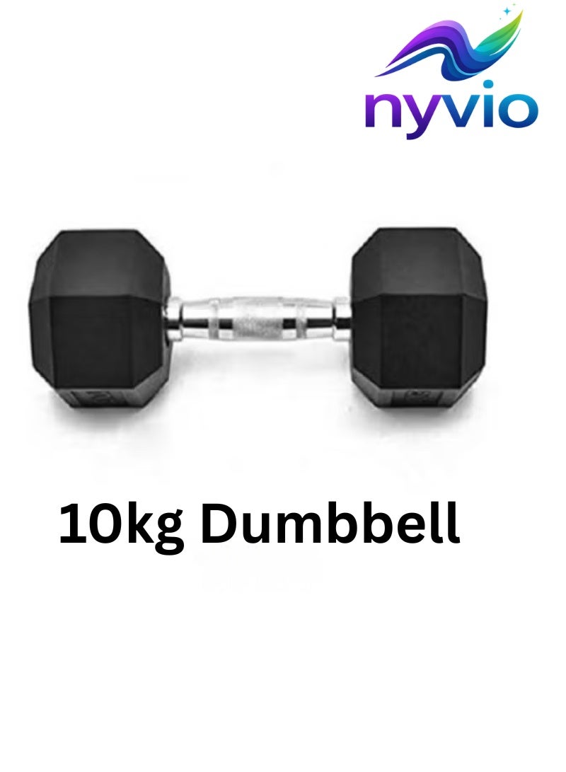 10 KG Rubber Hex Dumbbell with Anti-Slip Chrome Handle | Home Gym Strength Training Weight