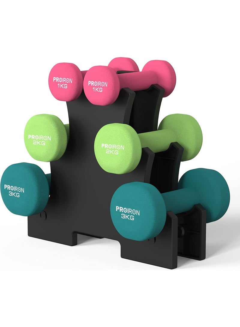 Dumbbell Set with Rack 1kg- 2kg- 3kg - Neoprene Coated - Perfect for Women and Beginners