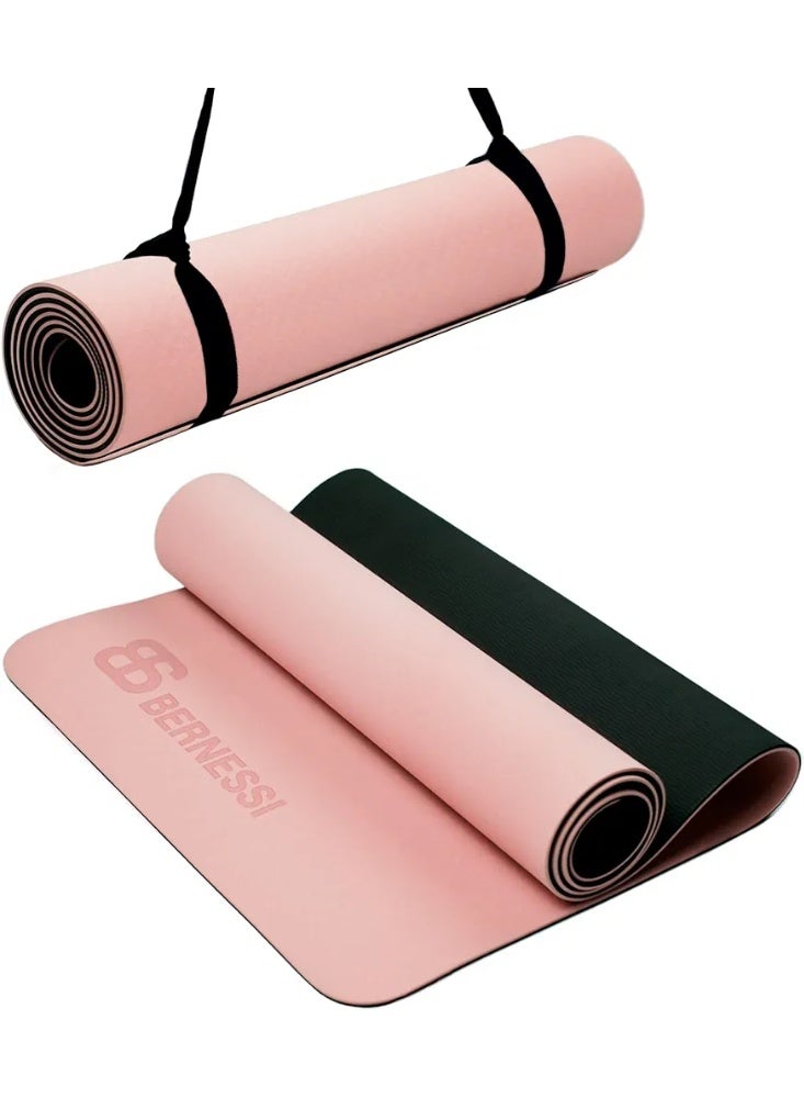8MM Yoga Mat with Carrying Strap Non Slip for Home Workout Exercise Meditation Eco Friendly, Non Skid TPE Yoga Mattres for Pilates 183x61x0.8cm Thick, Pink/Black