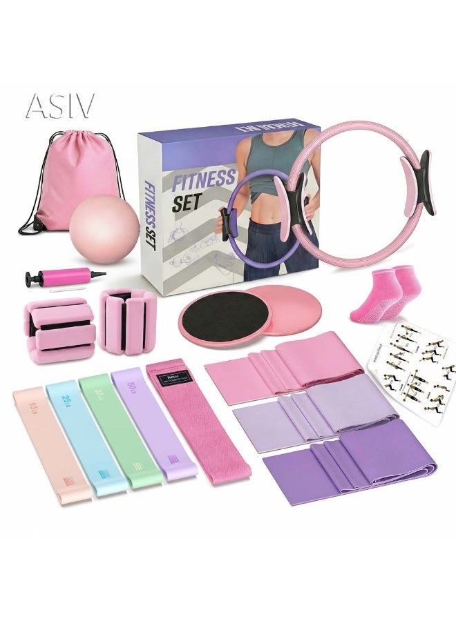 ASIV Pilates Kit 16-in-1 Home Workout Set – Includes 14.5" Pilates Ring, Yoga Ball, Resistance Bands, Ankle Weights, Sliding Discs, Non-Slip Socks & Storage Bag – Full Body Toning & Strength Training – Great Gift Idea