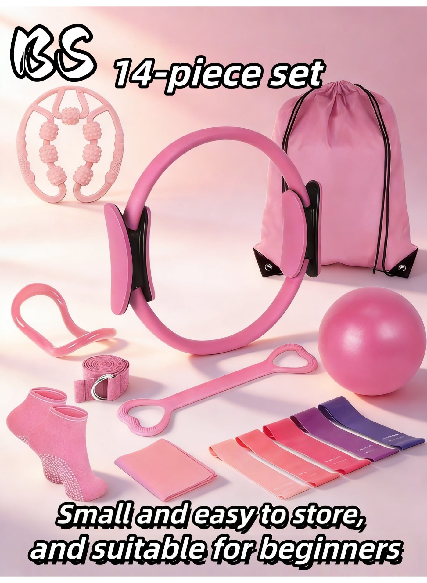 14-Piece Pilates Fitness Equipment Set for Women | Fitness Set, Pilates Set, Foam Roller, Yoga | Includes a 9.8-inch exercise ball, magic circle, yoga circle, resistance band, non-slip socks, and other Pilates equipment | Perfect for full-body workouts an