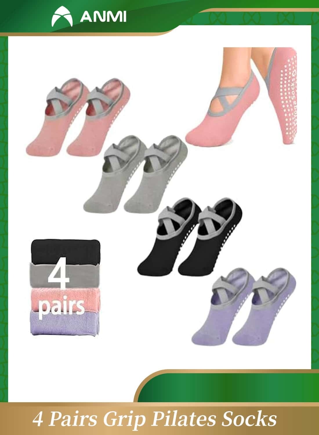 4 Pairs Yoga Pilates Socks with Grip for Women, Non Slip Yoga Socks, Grippy Socks for Barre, Dance, Workout and Hospital