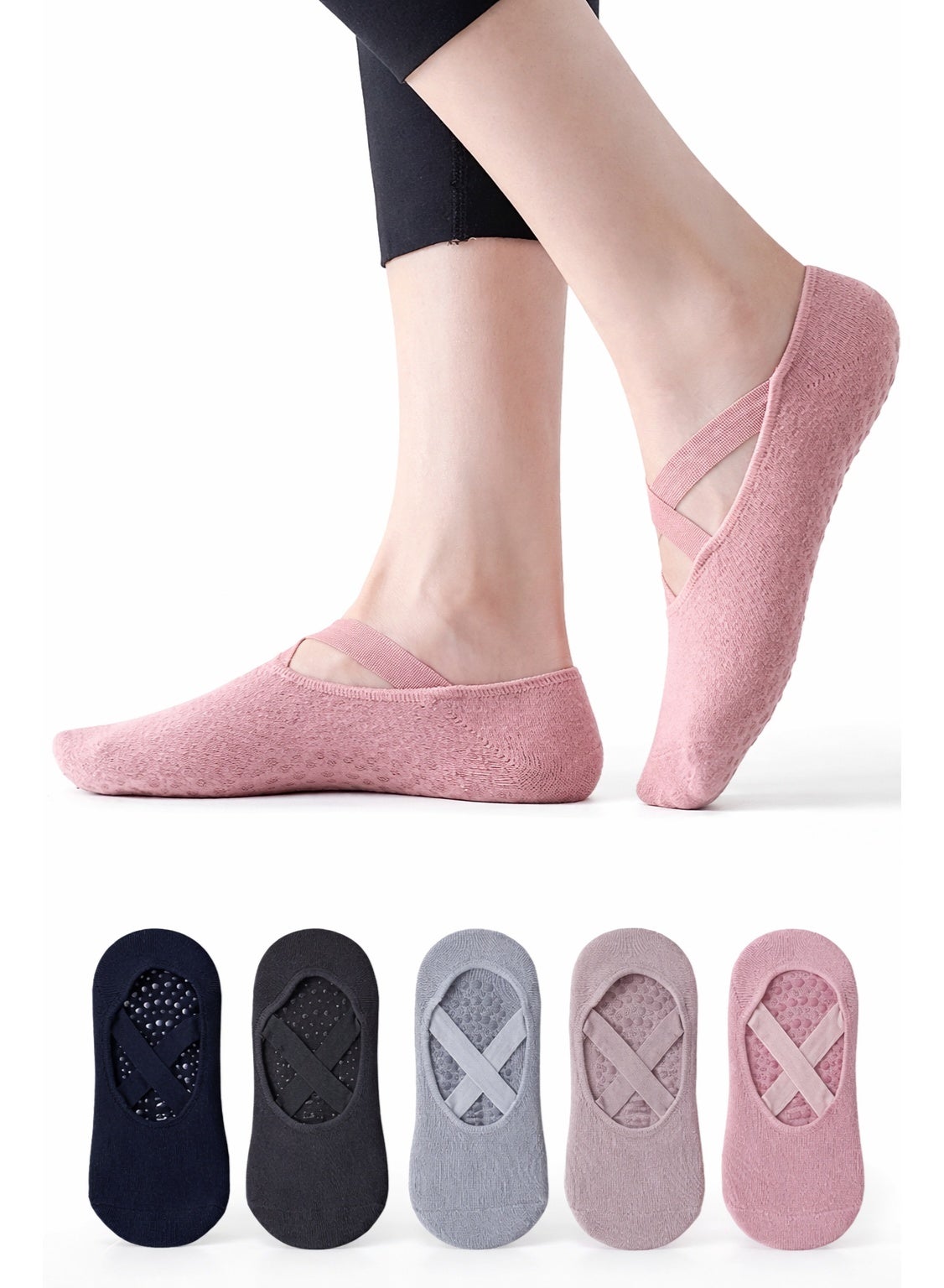 Women Non-Slip Grip Socks 5 Pairs for Yoga Pilates Barre Dance Breathable Anti-Skid Home Workout Socks