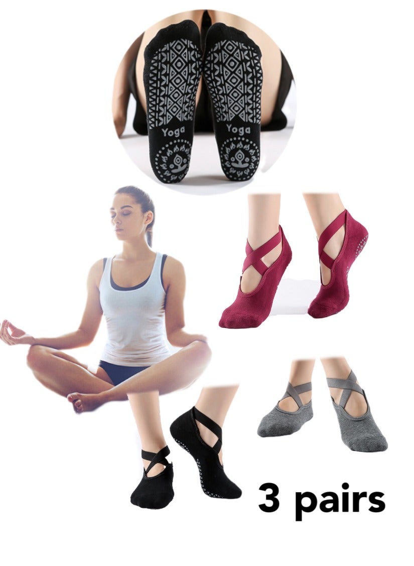 3 Pairs Yoga Socks For Women，Non Slip Socks Pilates Socks For Yoga,Pilates， Ballet, Dance, Workout，Black/Grey/Red