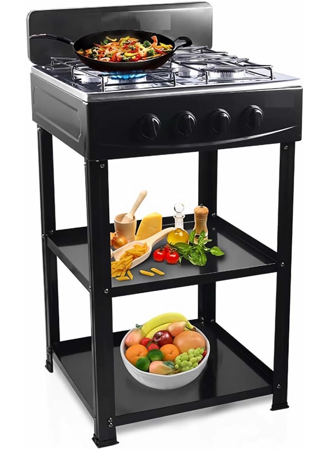 4 Burner Gas Stove with Wind Guard, Portable Gas Stove with Removable Leg Stand and 2 Storage Shelves for RV, Apartment, Outdoor Cooking.