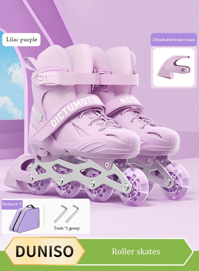 Kids inline skating shoes, outdoor and indoor roller boots, adjustable size, with LED illuminated wheels and backpack, suitable for boys and girls aged 3 to 7, purple (S, suitable for sizes 26 to 29)