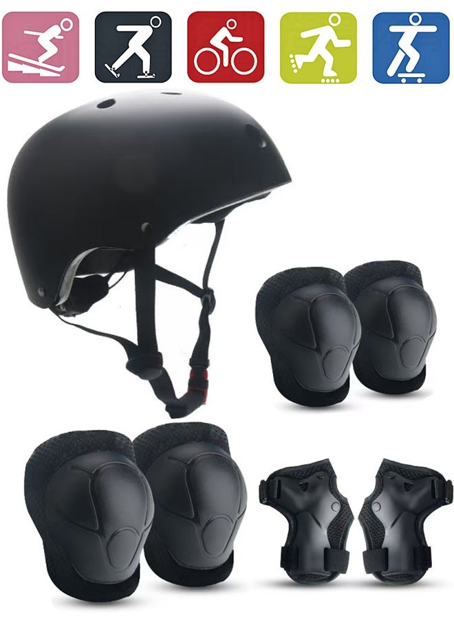 7 Pcs Multi-Sport Protective Gear Set with Adjustable Helmet Knee and Elbow Pads Wrist Guards fit for Multi Sports Scooter, Skateboarding, Biking, Roller Skating Black