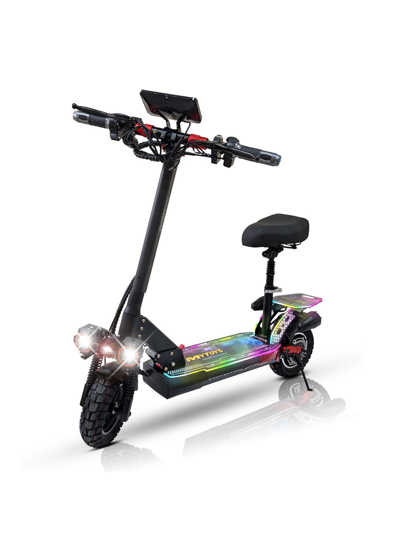 Mytoys High Speed Adult Electric Scooter 1200W Brushless Motor up to 65km/H Speed, 30-35Km Long Range, 48V10.4Ah Battery, LED Screen Display, Foldable, Dual Front and Rear Shock Absorber with Bluetooth Speaker, 10" Off Road Tires LED Lights, Turn Signals,