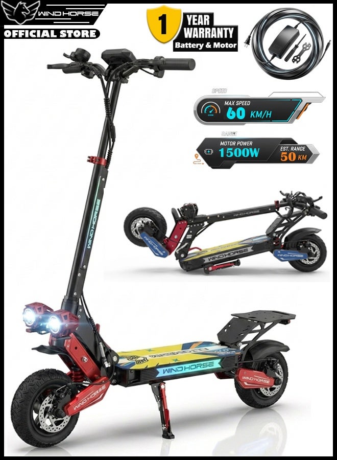 Folding Electric Scooter 1500W Powerful Motor, 48V 13Ah Battery, 60KM/H High Speed, 50KM Range, NFC Key Start, 10 Inch Tires, Aluminum Alloy Frame with RGB Lights