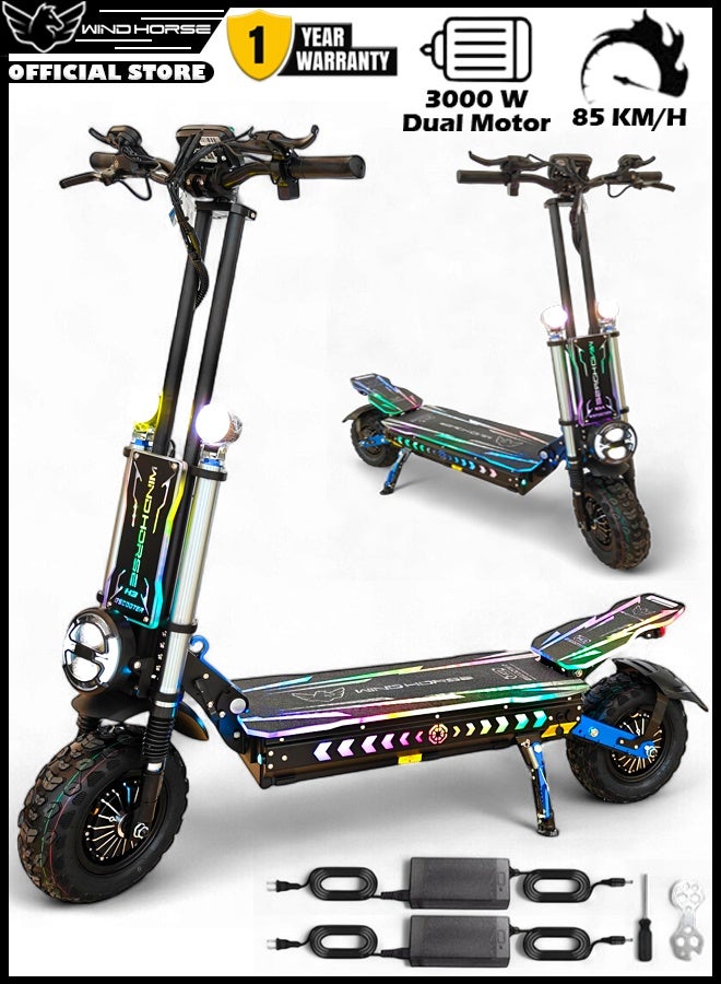 H3 Powerful Electric Scooter 3000W Dual Motor  – 60V 40Ah Battery, 85 KM/H Max Speed, 120 KM Range – 13 Inches Tires, Hydraulic Brakes, Dual Suspension, 3 LED Headlights, Strong Steel Frame, Full Body RGB Lights