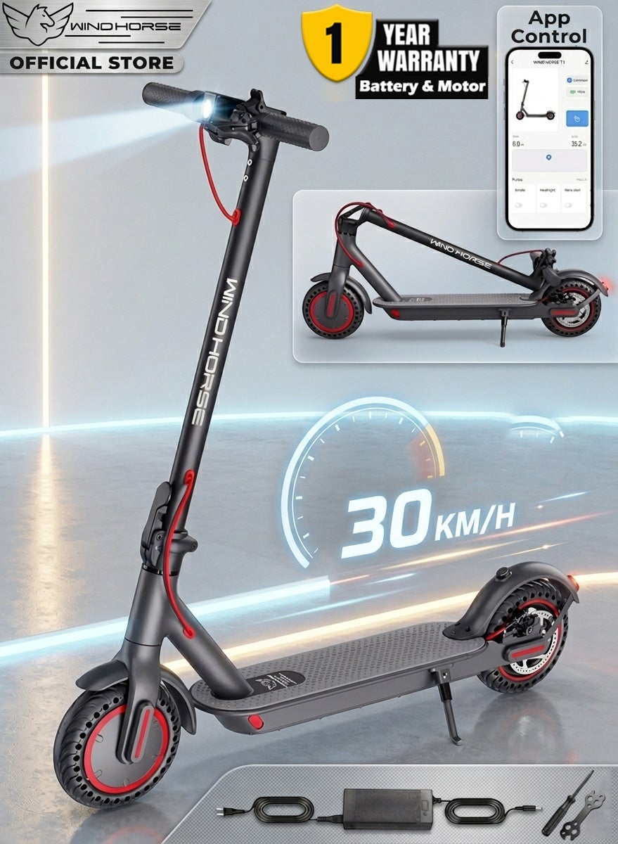 T1 Electric Lightweight Folding Scooter, 350W Motor, 36V 8Ah Battery, 8.5-Inch Tires, 30KM Range, 30KM/H Speed, Digital Display and App Control