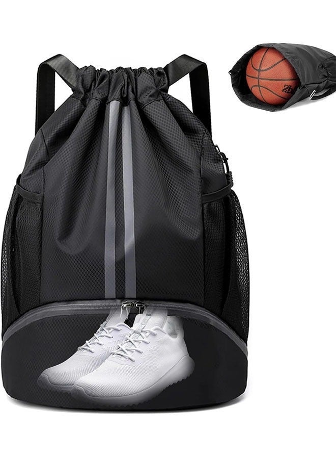 Sports Drawstring Backpack,String Swim Gym Bag with Shoes Compartment and Wet Proof Pocket,Basketball Bag Backpack Wet and Dry Compartment，Soccer Ball and Cleats Bag,Waterproof Drawstring Soccer Ball Backpack for Soccer, Basketball and Rugby