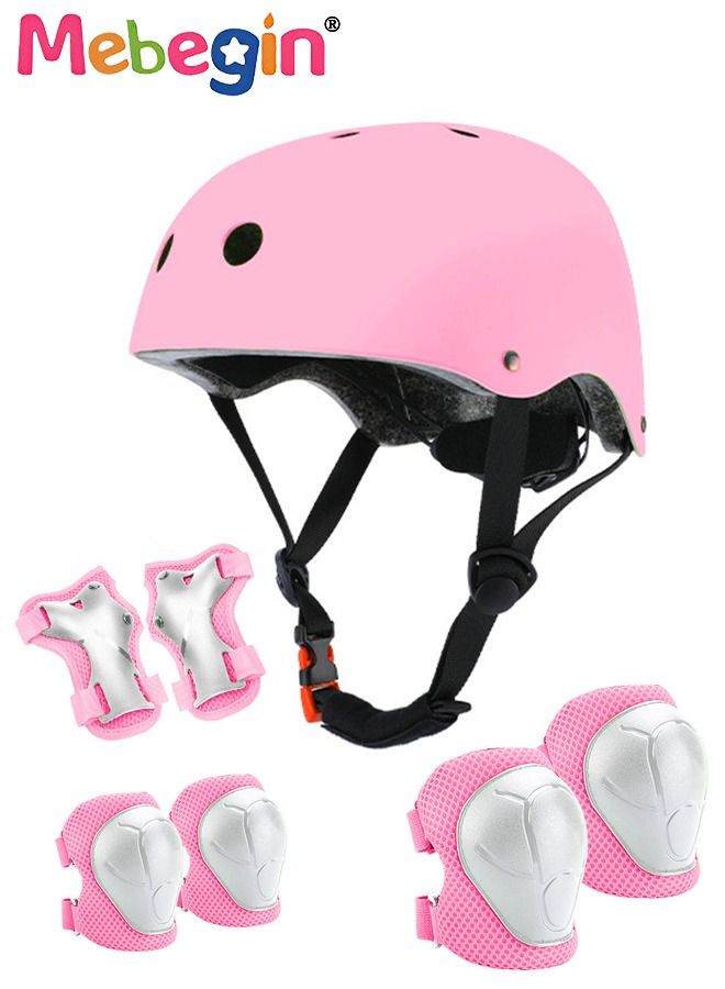 7 Pcs Multi-Sport Protective Gear Set with Adjustable Helmet Knee and Elbow Pads Wrist Guards fit for Multi Sports Scooter, Skateboarding, Biking, Roller Skating Pink