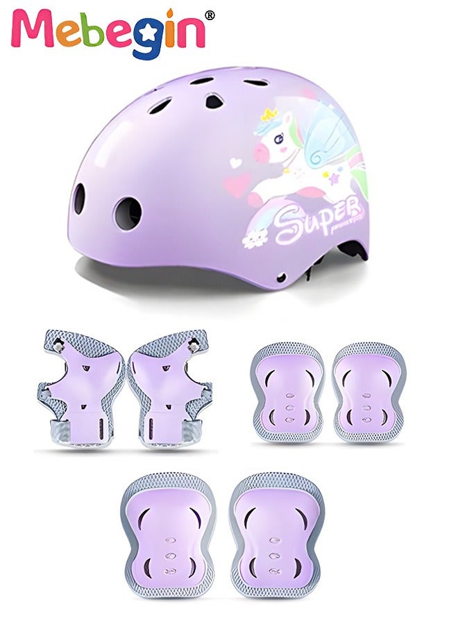 7PCS Adjustable Helmet and Pads Set, Sports Protective Gear Set with Elbow Knee and Wrist Pads, Bike Helmet with Adorable Pattern, Suitable for Multi-Sports  Like Cycling, Skateboard, Scooter, Roller Skating, Ideal Gift for Kids
