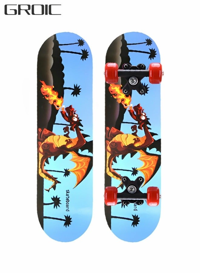 Skateboards Four-Wheel Skateboard Medium Size Board Dinosaur Theme Colorful Double-Sided Pattern for Beginner Skateboard or Kids Youth 24 Inch