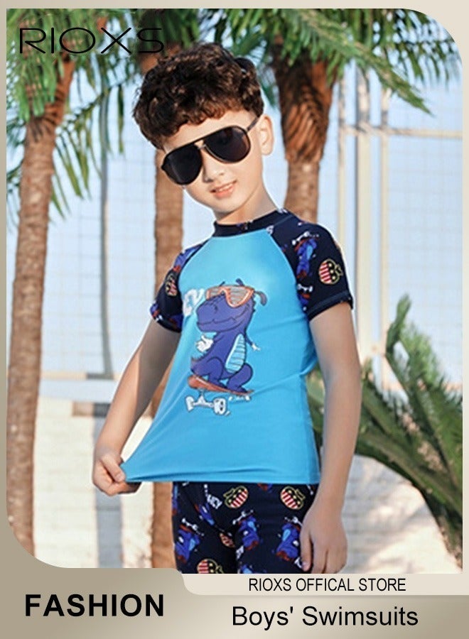 Toddlers Boys 2 Piece Rash Guard Swimsuits Set Swimsuit With Bathing Cap Bathing Cap And Earplug(Pack Of 4), Short Sleeve Round Neck with Shorts Set, Printed Cartoon Dinosaur Character Quick-dry Swimwear for Swmming, Beach Activities, Training