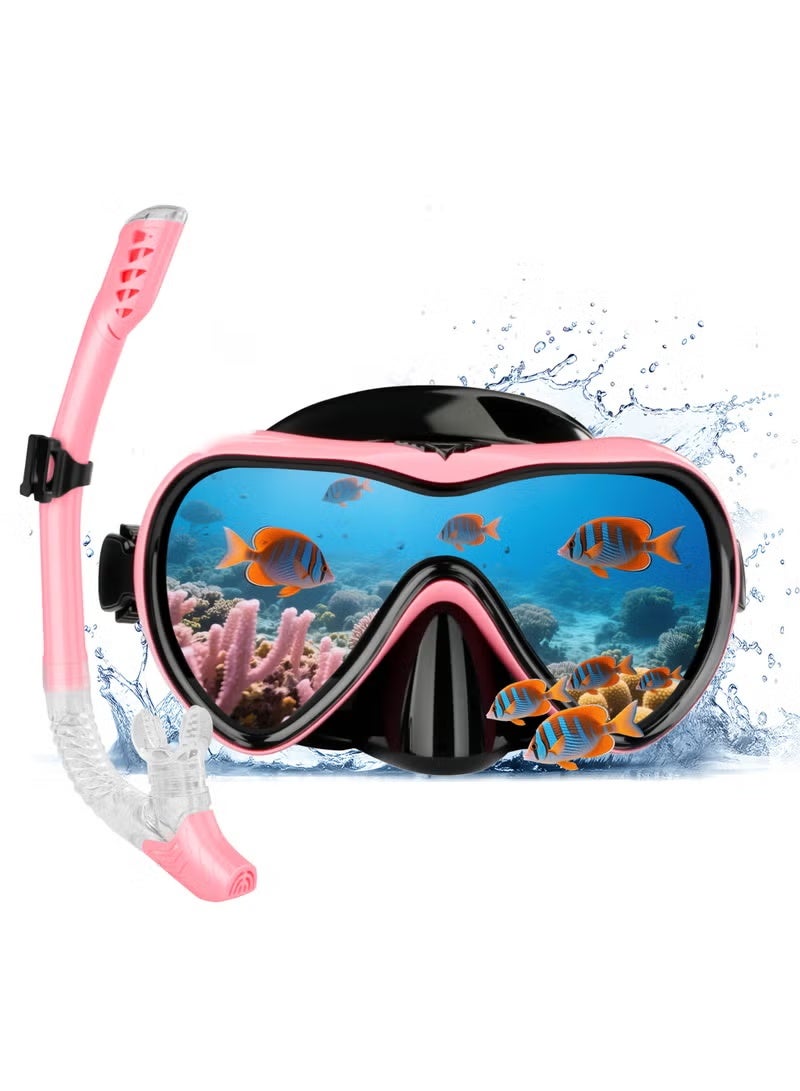 Adult Snorkeling Gear, Snorkel Mask Set with 180 Degree Tempered Glass Anti-fog Goggles Dry Snorkel (Pink)