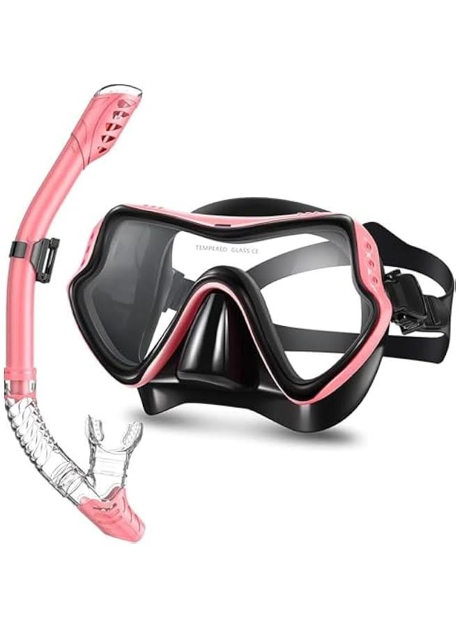 Snorkel Mask Set Snorkeling Gear Dry Snorkel Set and Mask Kids Adults Anti Fog 180 Degree Seaview with Mesh Bag, Scuba Diving Swimming Training Equipment Men Women