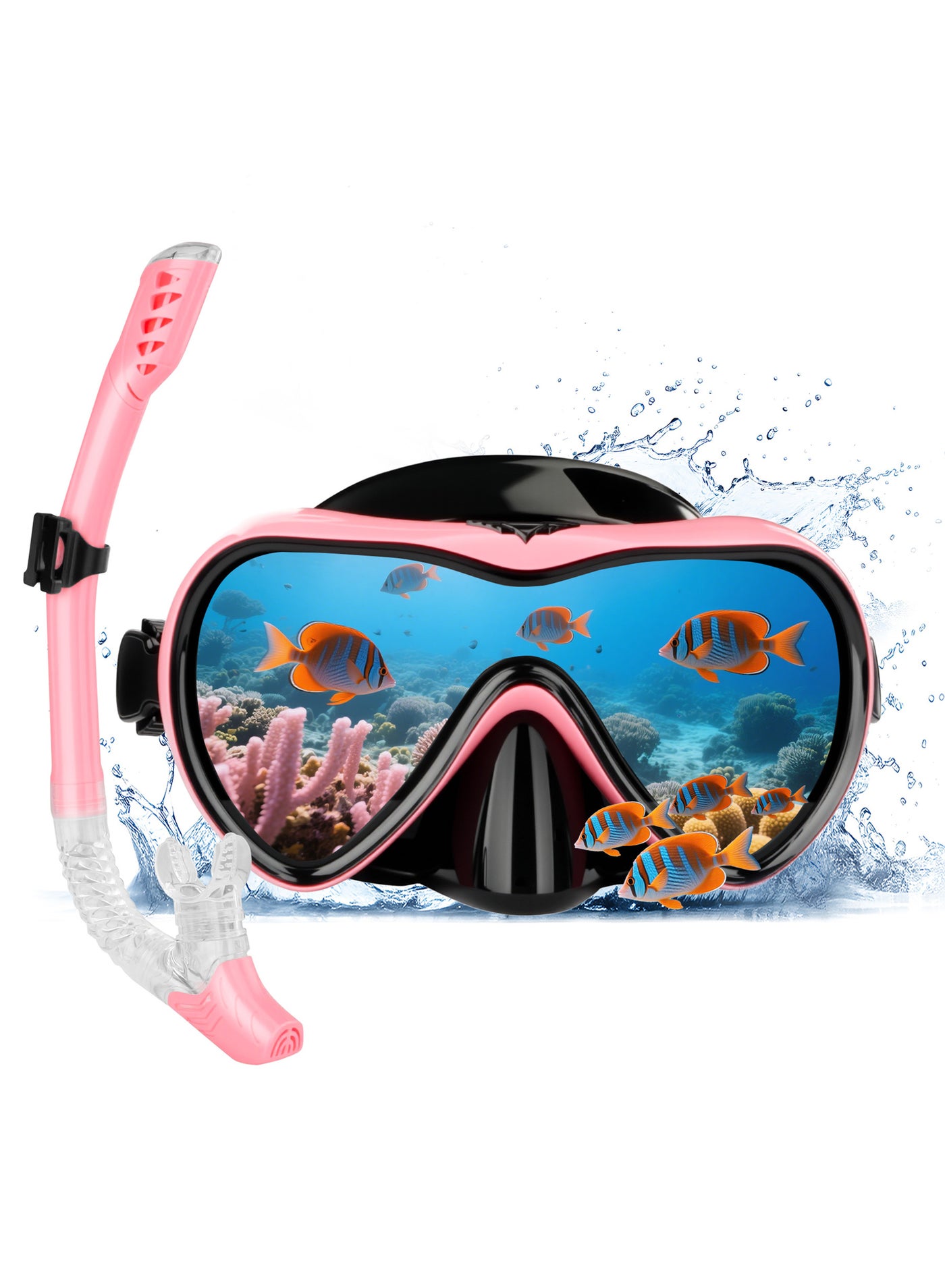 Adult Snorkeling Gear, Snorkel Mask Set with 180 Degree Tempered Glass Anti-fog Goggles Dry Snorkel (Pink)