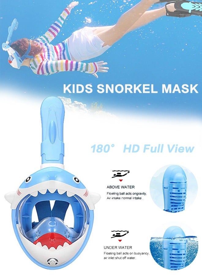 Kids Snorkel Mask, Full Face Snorkel Mask for Kids 4-16, Foldable Snorkeling Gear for Kids, Adjustable Swim Fins 180 Degree Panoramic View Shark Snorkeling Gear Diving Fins Swim Flippers for Children Boys Girls