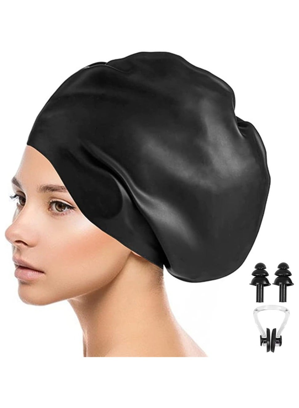 Women's Silicone Swimming Cap for Long Hair - 3D Ergonomic Design, Extra Large for Adults - Keeps Hair Dry - With Ear Plug and Nose Clip