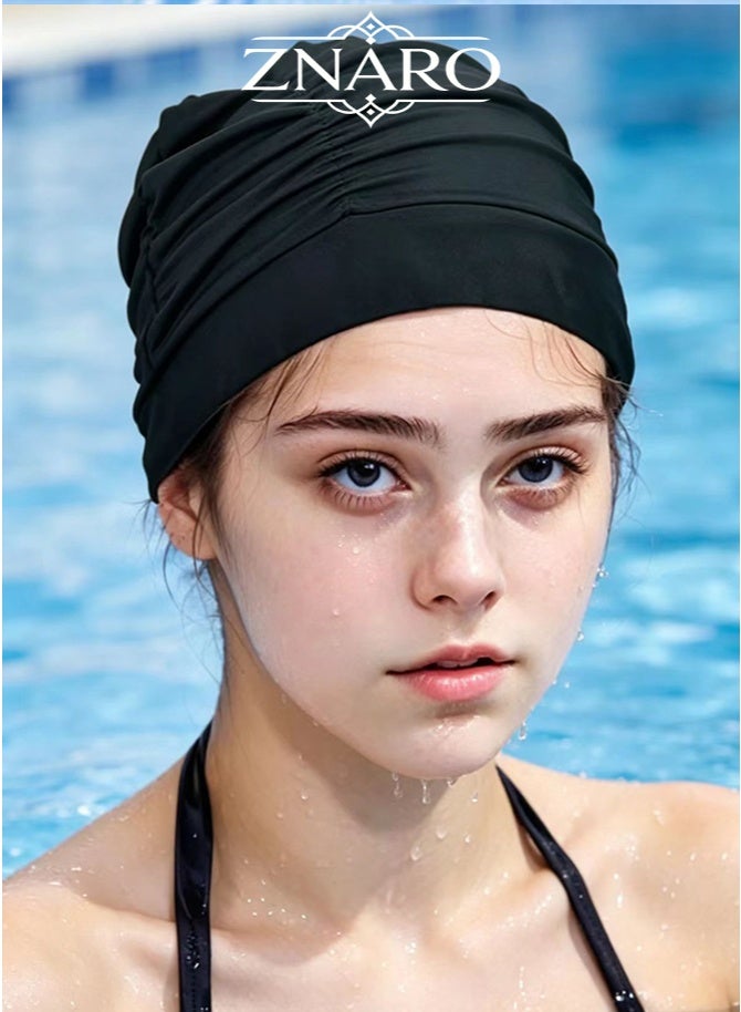 1 Piece Nylon Swimming Cap, Pleated Swim Cap for Long Hair Women, Pool Beach Hat (Black)