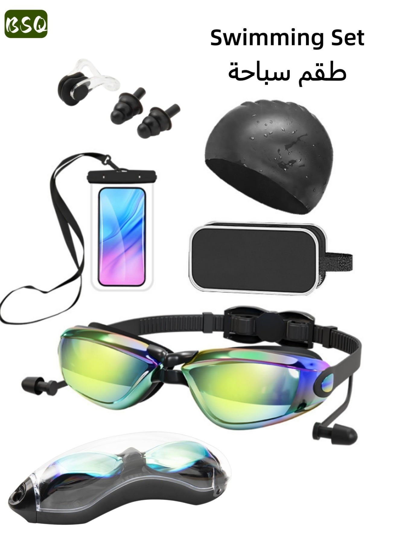 5-in-1 Anti-Fog Swim Goggle Set | Includes Swim Cap, Earplugs, Nose Clip, Waterproof Pouch, and Leak-Proof Goggles | Waterproof Swim Goggles | Effective UV Protection | Crystal-Clear Vision | 180° Panoramic View | Unisex