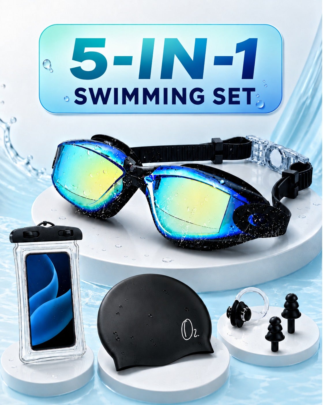 5-in-1 Anti-Fog Swimming Goggles Set with Swim Cap, Ear Plugs, Nose Clip and Waterproof Phone Pouch, Leak-Proof UV Protection Swim Goggles with Adjustable Strap for Men, Women and Teens