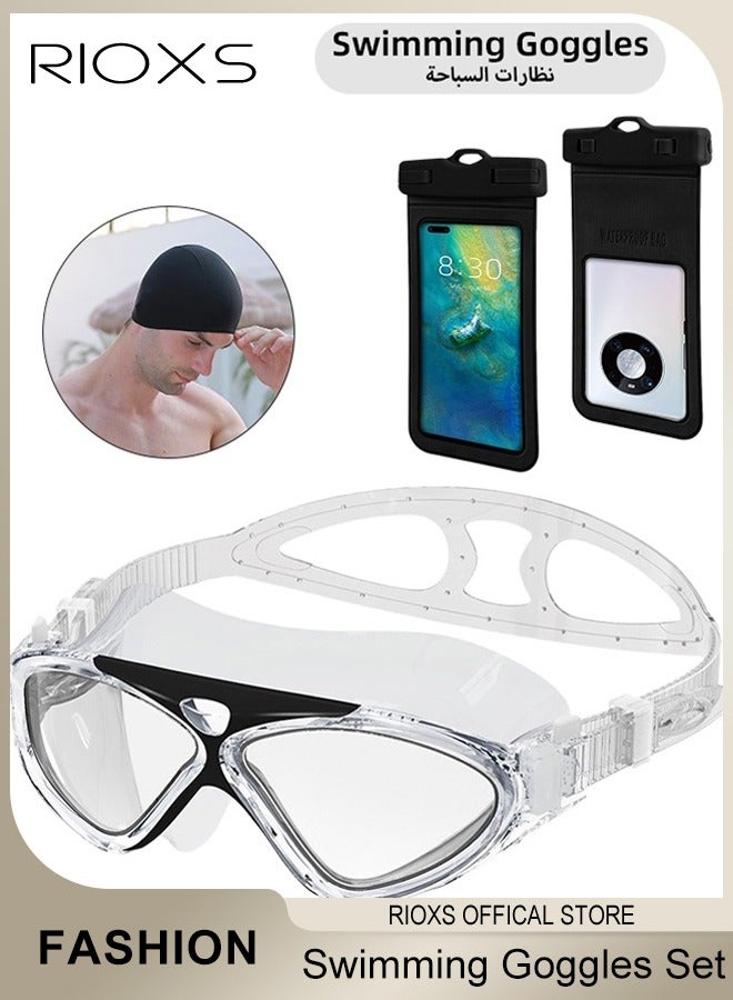 Adult Swimming Goggles with Ear Plugs Swim Cap and Nose Clips Polarized Open Water Goggles Swimming Anti Fog UV Protection No Leakage Clear Vision Easy to Adjust for Men Women Teenagers