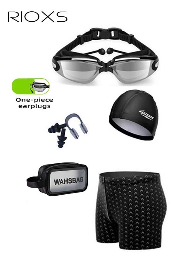 Men's Swimwear Set with Quick-drying Swim Trunks, Adjustable Swimming Goggles, Swim Cap, Nose Clip, Ear Plugs and Storage Bag, Complete Durable Swimming Goggles Package, Swimming Essentials