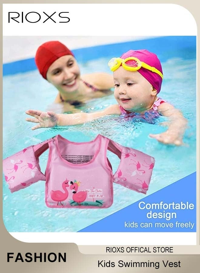 Toddler Swim Vest, Kids Boys Girls Swim Jacket with Buckle, Inflatable Swimming Arm Bands, Swim Aid Jumper, Swim Floaties Pool Float for Kids, Arm Floaties Water Wing Arm Band, Puddle/ Sea/ Beach/ Boat Jumper For Boy Girl Baby 2-6 Yrs, Pink Flamingo Swim