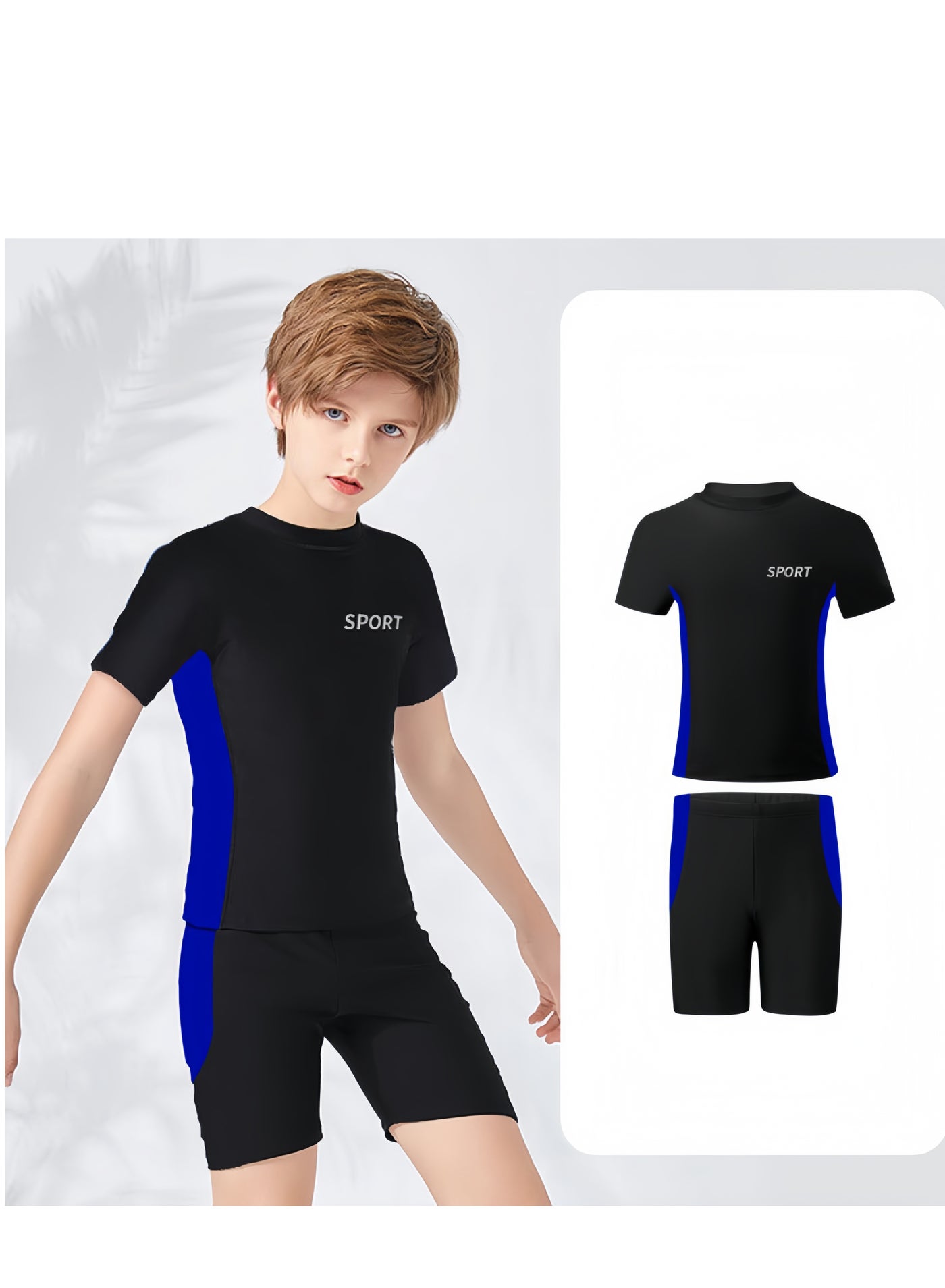 2-Piece Boys Swimsuit Swimming Trunks Set, Toddler Kids Training Quick Dry Swimwear Children Short Sleeves Clothing Beachwear Split Bathing Suit for Summer, (Size L, suitable for 35-45kg/120-155cm), Black