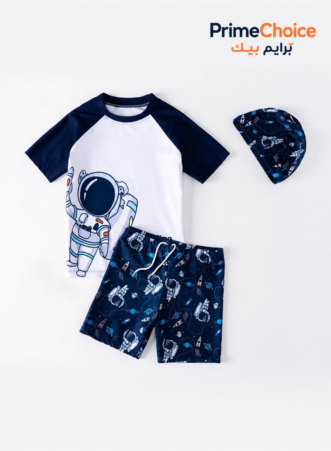 3PCS Kids Swimsuit with Cap Set for Boys, Spaceman Print Swimwear Children Swimming Trunks Short Sleeves Clothing Beachwear Bathing Suit for Summer
