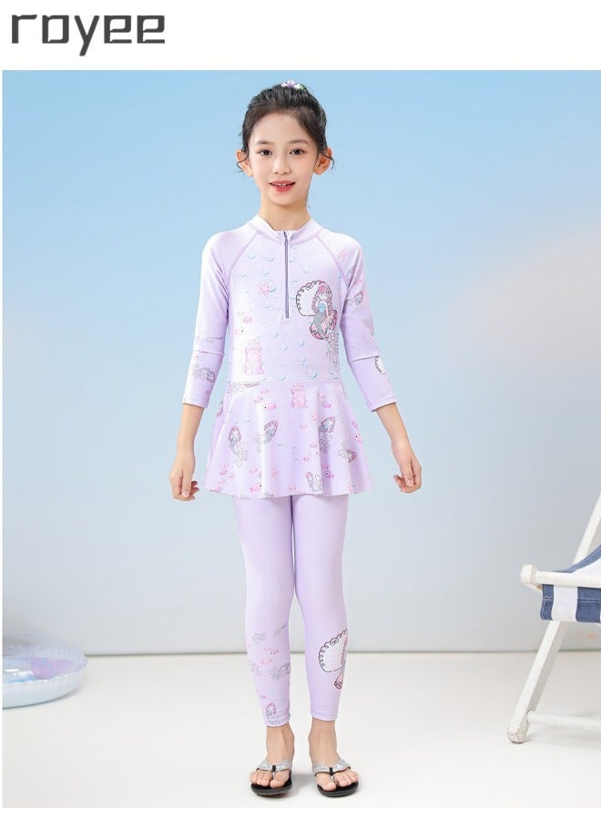 New Children's Mermaid Swimsuit, One-piece Swimsuit  With Long Pants, Long Sleeved For Middle-aged Girls,Swimwear With Sun Protection, Conservative Girls' Swimsuit