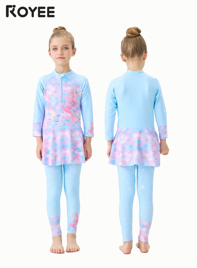 New Children's Swimsuit, One-piece Swimsuit  With Long Pants, Long Sleeved For Middle-aged Girls,Swimwear With Sun Protection, Conservative Girls' Swimsuit