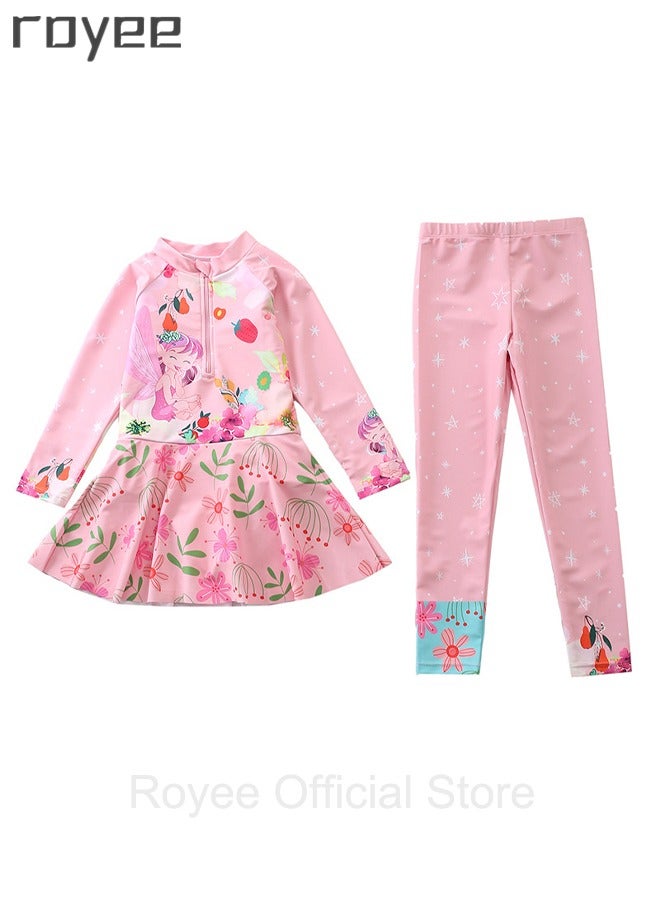 New Children's Swimsuit, One-piece Swimsuit  With Long Pants, Long Sleeved For Middle-aged Girls,Swimwear With Sun Protection, Conservative Girls' Swimsuit