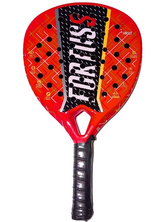 FORTUSS Padel Tennis Racket - Full Carbon Fiber - Glossy Shiny 3D Hexagon Surface with Light EVA Memory Flex Foam Core - Padel Racquet - Hybrid Teadrop Paddle Racket with Bag Included (Red)