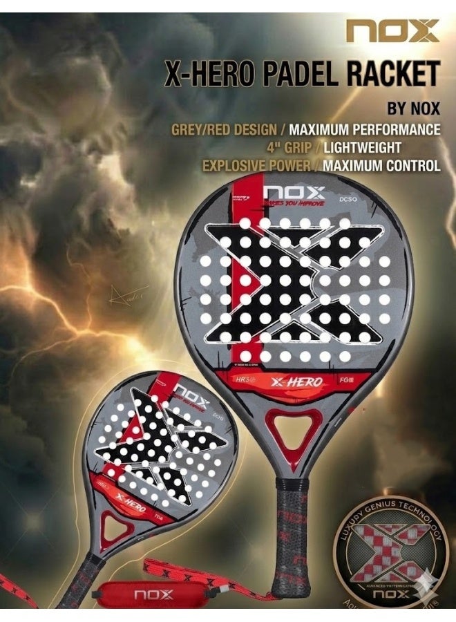 X-Hero Padel Racket – 4” Grip, Lightweight Round Shape, Soft Feel Control for Beginners & Intermediate Players, Red