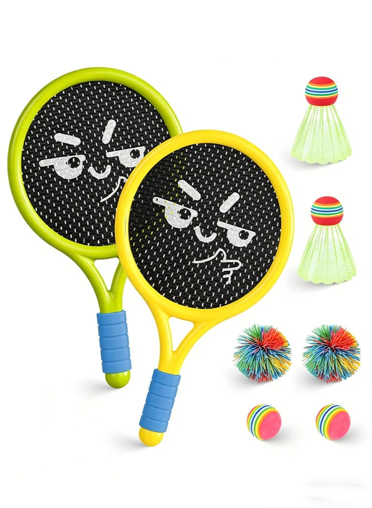 Kids Tennis Rackets Set, Outdoor Garden Badminton Set with 2 Plastic Tennis Rackets 2 Shuttlecocks 2 Tennis Balls 2 Rainbow Rubber Ball for Beginner Indoor Outdoor Family Sport Games Improve Skills