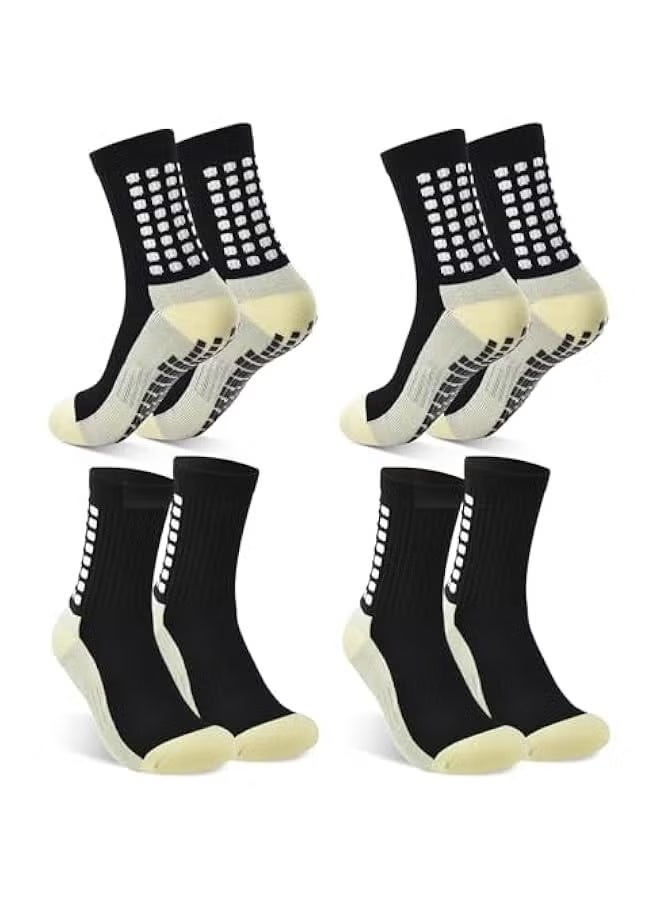 4 Pairs Grip Socks Football For Kids Men Adult White Black Football Grip Socks Size 6-11 Running Sports Soccer Non Slip Socks With Rubber Dots, 4xBlack