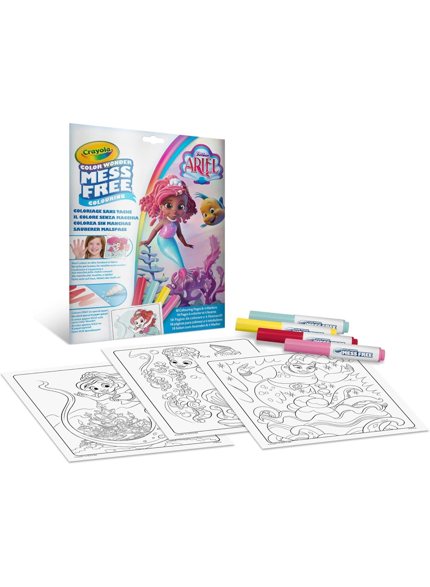 CRAYOLA - Color Wonder, Colouring Set with 18 Colouring Pages and 4 Felt Tip Pens without Stains, Theme Ariel, Creative Activity for Children, Age 3+